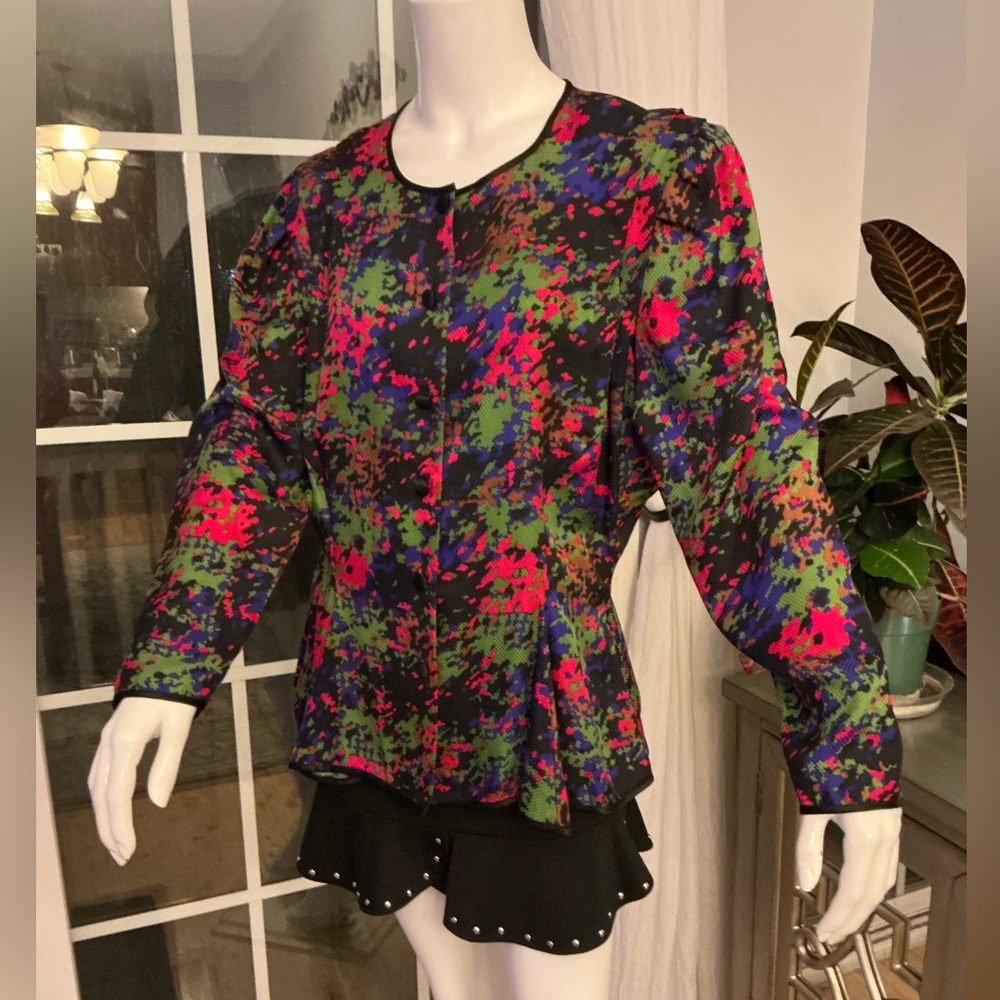 Argenti Pure Silk Vintage 80’s Neon Camo Splatter Collarless Blazer Blouse SZ 10